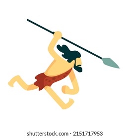 Ancient human with spear semi flat color vector character. Running figure. Full body person on white. Historical personage. Simple cartoon style illustration for web graphic design and animation