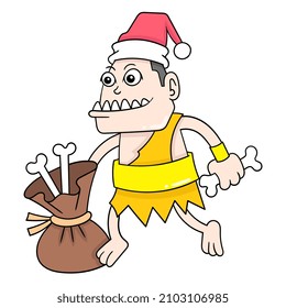 Ancient humans were carrying sacks of bones for Christmas gifts, vector illustration art. doodle icon image kawaii.