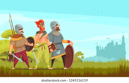 Ancient hunter background with weapons and wild animals flat vector illustration