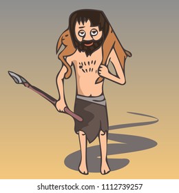 ancient hunter with prey, vector cartoon illustration of caveman with spear