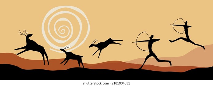 ancient hunters and deers vector landscape, digital retro background