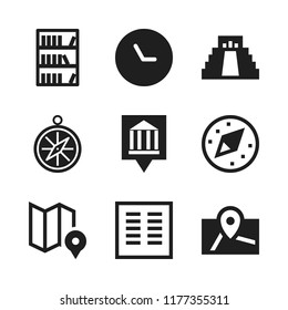 ancient icon. 9 ancient vector icons set. map, bookshelf with books and chichen itza icons for web and design about ancient theme