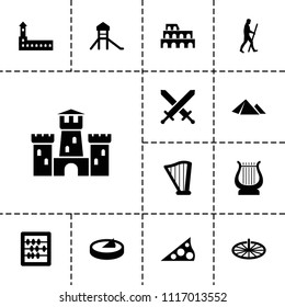 Ancient icon. collection of 13 ancient filled icons such as castle, coliseum, abacus, harp, caveman, sundial, pyramid. editable ancient icons for web and mobile.