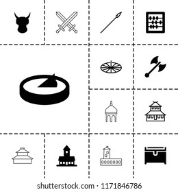 Ancient icon. collection of 13 ancient filled and outline icons such as castle, chest, abacus, sundial, axe weapon, temple, helmet. editable ancient icons for web and mobile.