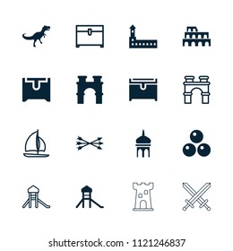 Ancient icon. collection of 16 ancient filled and outline icons such as castle, coliseum, arch, chest, dinosaur, arrow bow. editable ancient icons for web and mobile.