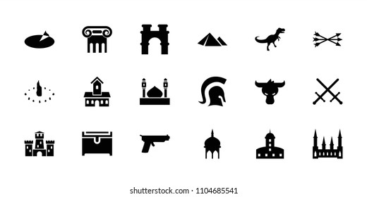 Ancient icon. collection of 18 ancient filled icons such as mosque, greek column, castle, arch, chest, sword, sundial, dinosaur. editable ancient icons for web and mobile.