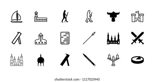 Ancient icon. collection of 18 ancient filled and outline icons such as mosque, castle, musical pipe, caveman, sundial, cannon. editable ancient icons for web and mobile.