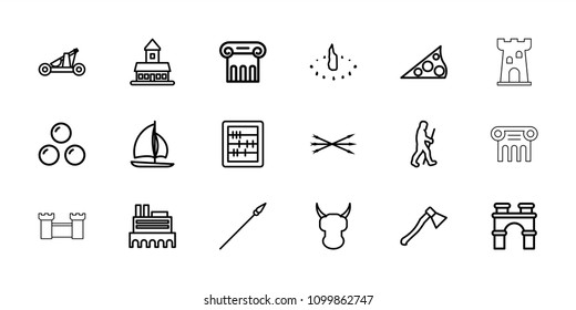Ancient icon. collection of 18 ancient outline icons such as castle, greek column, arch, abacus, helmet, sailboat, caveman, sundial. editable ancient icons for web and mobile.