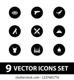 Ancient icon. collection of 9 ancient filled icons such as mosque, pyramid, sundial, dinosaur, cannon, gun, helmet, castle. editable ancient icons for web and mobile.