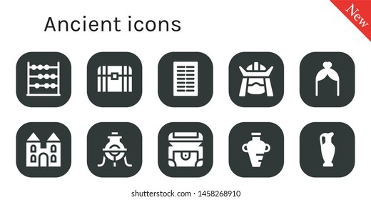 ancient icon set. 10 filled ancient icons.  Simple modern icons about  - Abacus, Chest, Columns, Samurai, Arch, Castle, Alchemy, Amphora, Vase