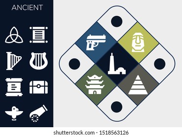 ancient icon set. 13 filled ancient icons.  Collection Of - Qutb minar, Totem, Cannon, Scroll, Treasure, Harp, Triquetra, Torah, Moai, Gun, Pagoda, Pyramid icons