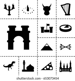 Ancient icon. set of 13 filled ancienticons such as mosque, pyramid, castle, arch, harp, candlestick, sundial, dinosaur, arrow bow