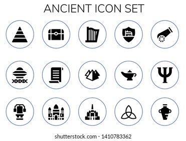 ancient icon set. 15 filled ancient icons.  Collection Of - Pyramid, Ancient aliens, Treasure, Papyrus, Harp, Roma, Magic lamp, Cannon, Psi, Chest, Angkor wat, Thatbyinnyu temple