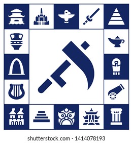 ancient icon set. 17 filled ancient icons.  Collection Of - Pagoda, Amphora, Gateway arch, Scythe, Harp, Magic lamp, Sarcophagus, Cannon, Fortress, Thatbyinnyu temple, Pyramid