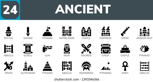 ancient icon set. 24 filled ancient icons.  Collection Of - Statue, Sword, Pyramid, Notre dame, Castle, Fortress, Spear, Angkor wat, Abacus, Scroll, Gun, Moai, Swords, Chest, Qutb minar