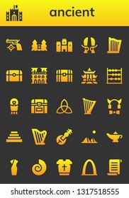 ancient icon set. 26 filled ancient icons.  Simple modern icons about  - Gun, Castle, Sword, Harp, Treasure, Notre dame, Chest, Pagoda, Abacus, Sarcophagus, Triquetra, Devil, Pyramid