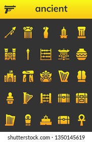 ancient icon set. 26 filled ancient icons.  Simple modern icons about  - Lance, Gun, Column, Cheongsam, Pagoda, Notre dame, Spear, Abacus, Vase, Castle, Dolmen, Dragon, Harp, Armour