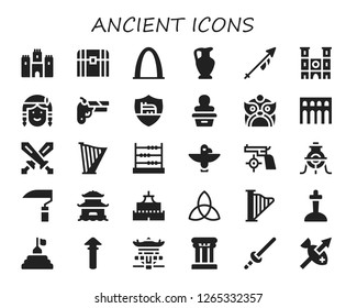  ancient icon set. 30 filled ancient icons. Simple modern icons about  - Castle, Chest, Gateway arch, Vase, Lance, Notre dame, Native american, Gun, Roma, Statue, Dragon, Segovia