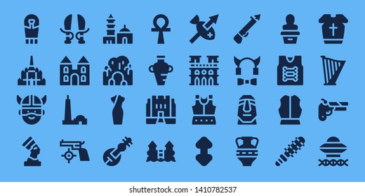 ancient icon set. 32 filled ancient icons. on blue background style Collection Of - Sarcophagus, Thatbyinnyu temple, Viking, Pharaoh, Sword, Castle, Qutb minar, Gun, Cave, Cheongsam