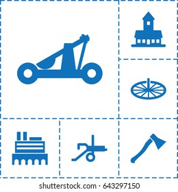 Ancient icon. set of 6 ancient filled icons such as castle, sundial, catapult, axe weapon