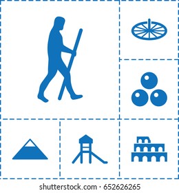 Ancient icon. set of 6 ancient filled icons such as coliseum, pyramid, caveman, sundial, canon ball