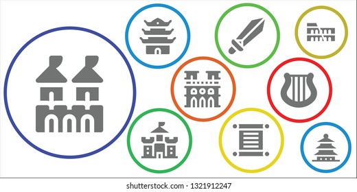 ancient icon set. 9 filled ancient icons.  Collection Of - Fortress, Pagoda, Sword, Castle, Torah, Notre dame, Harp, Colosseum