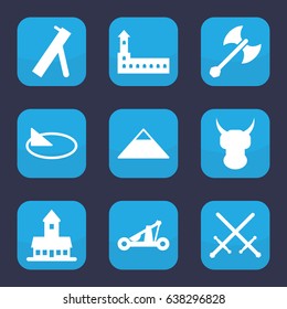 Ancient icon. set of 9 filled ancient icons such as castle, pyramid, sundial, catapult, axe weapon, cannon, sword