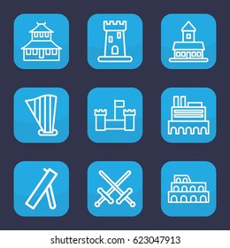 Ancient icon. set of 9 outline ancient icons such as castle, Coliseum, temple, harp, cannon