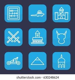 Ancient icon. set of 9 outline ancient icons such as castle, mosque, pyramid, abacus, dinosaur, catapult, helmet