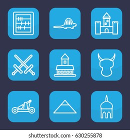Ancient icon. set of 9 outline ancient icons such as castle, mosque, pyramid, abacus, dinosaur, catapult, helmet