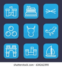 Ancient icon. set of 9 outline ancient icons such as castle, arch, dinosaur, arrow bow, canon ball, sailboat