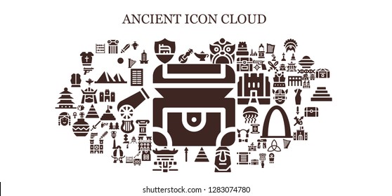  ancient icon set. 93 filled ancient icons. Simple modern icons about  - Chest, Veena, Column, Roma, Magic lamp, Dragon, Pyramid, Moai, Spear, Pagoda, Native american, Armour