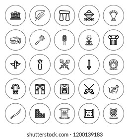 Ancient icon set. collection of 25 outline ancient icons with armor, ancient aliens, arch, boomerang, cheongsam, chest, colosseum, column, dragon icons. editable icons.