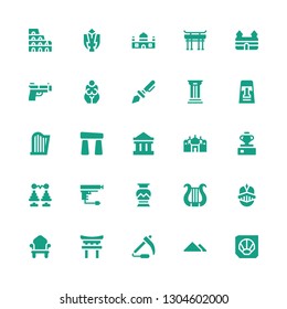 ancient icon set. Collection of 25 filled ancient icons included Fossil, Pyramid, Scythe, Torii, Throne, Knight, Lyre, Greek vase, Gun, Tower, Vase, Badshahi mosque, Parthenon