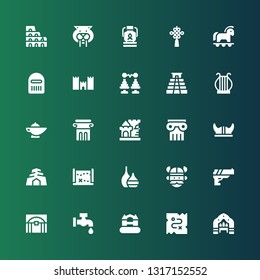 ancient icon set. Collection of 25 filled ancient icons included Arch, Treasure, Castle, Faucet, Gun, Viking, Vase, Treasure map, Cave, Viking helmet, Column, Magic lamp, Harp