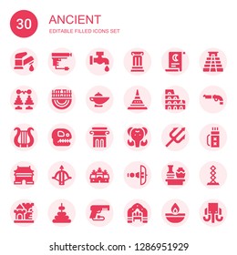 ancient icon set. Collection of 30 filled ancient icons included Faucet, Gun, Column, Scroll, Tower, Merida, Magic lamp, Doi suthep, Colosseum, Lyre, Fossil, Mammoth, Trident