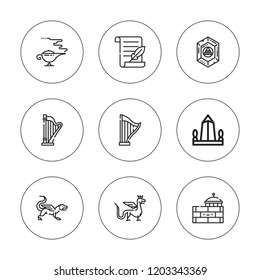 Ancient icon set. collection of 9 outline ancient icons with dragon, jerusalem, magic lamp, harp, obelisk, philosophers stone icons. editable icons.