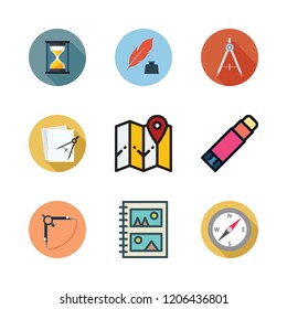 ancient icon set. vector set about quill, craft, papers and compass icons set.