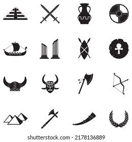 Antike Symbole. Schwarzes Flachdesign. Vektorgrafik.
