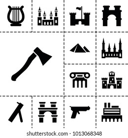 Ancient icons. set of 13 editable filled ancient icons such as castle, arch, harp, axe weapon, cannon, gun, pyramid