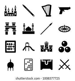 Ancient icons. set of 16 editable filled ancient icons such as mosque, abacus, sword, harp, musical pipe, sundial, spear, canon ball, gun, castle, arch