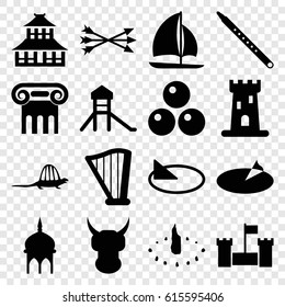 Ancient icons set. set of 16 ancient filled icons such as castle, mosque, Greek column, temple, harp, musical pipe, sailboat, sundial, dinosaur, arrow bow, canon ball