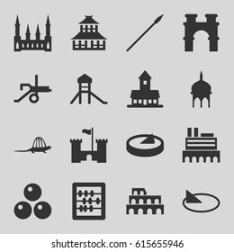 Ancient icons set. set of 16 ancient filled icons such as castle, mosque, Coliseum, arch, temple, abacus, sundial, dinosaur, spear, canon ball