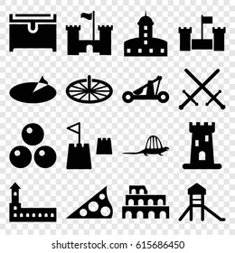 Ancient icons set. set of 16 ancient filled icons such as castle, Coliseum, chest, castle tower, sundial, dinosaur, catapult, canon ball