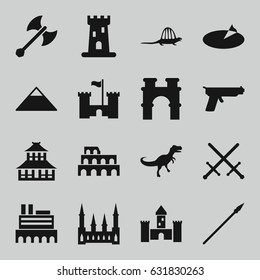 Ancient icons set. set of 16 ancient filled icons such as castle, coliseum, pyramid, arch, temple, sundial, dinosaur, axe weapon, spear, gun
