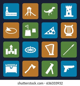 Ancient icons set. set of 16 ancient filled icons such as castle, chest, harp, castle tower, sundial, dinosaur, spear, axe weapon, cannon