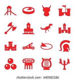 Ancient icons set. set of 16 ancient filled icons such as castle, greek column, harp, candlestick, sundial, dinosaur, knight, catapult, axe weapon, canon ball