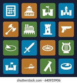 Ancient icons set. set of 16 ancient filled icons such as castle, temple, abacus, harp, sundial, dinosaur, sword, axe weapon, cannon