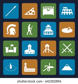 Ancient icons set. set of 16 ancient filled icons such as castle, coliseum, pyramid, temple, chest, caveman, sundial, knight, spear, cannon