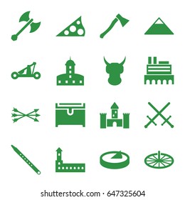 Ancient icons set. set of 16 ancient filled icons such as castle, pyramid, chest, musical pipe, sundial, arrow bow, catapult, axe weapon, sword